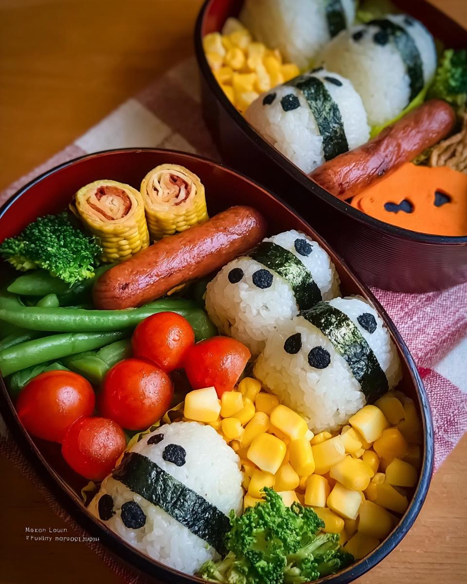Close-up of a Bento-Style Spooky Breakfast Box filled with panda-shaped onigiri, sausages, vegetables, and corn.
