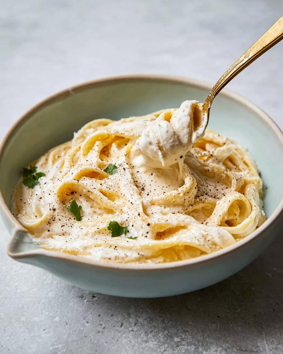 A spoonful of fettuccine coated in thick, creamy Best Alfredo Sauce Recipe Ever, garnished with black pepper.