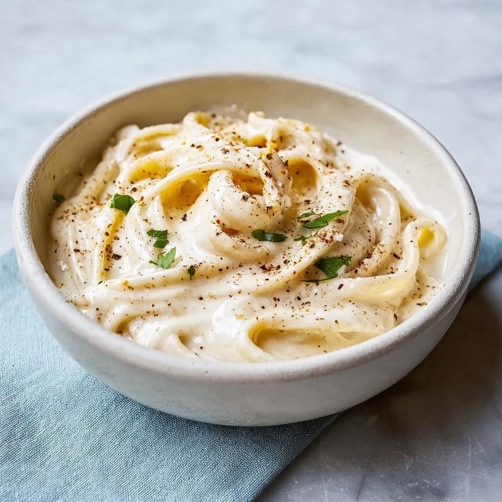 Close-up of fettuccine coated in the Best Alfredo Sauce Recipe Ever, topped with cracked black pepper and parsley.