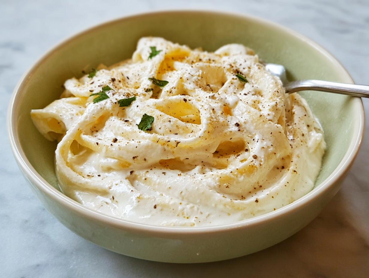 Close-up of fettuccine pasta coated in thick, creamy white sauce from the Best Alfredo Sauce Recipe Ever, topped with black pepper.