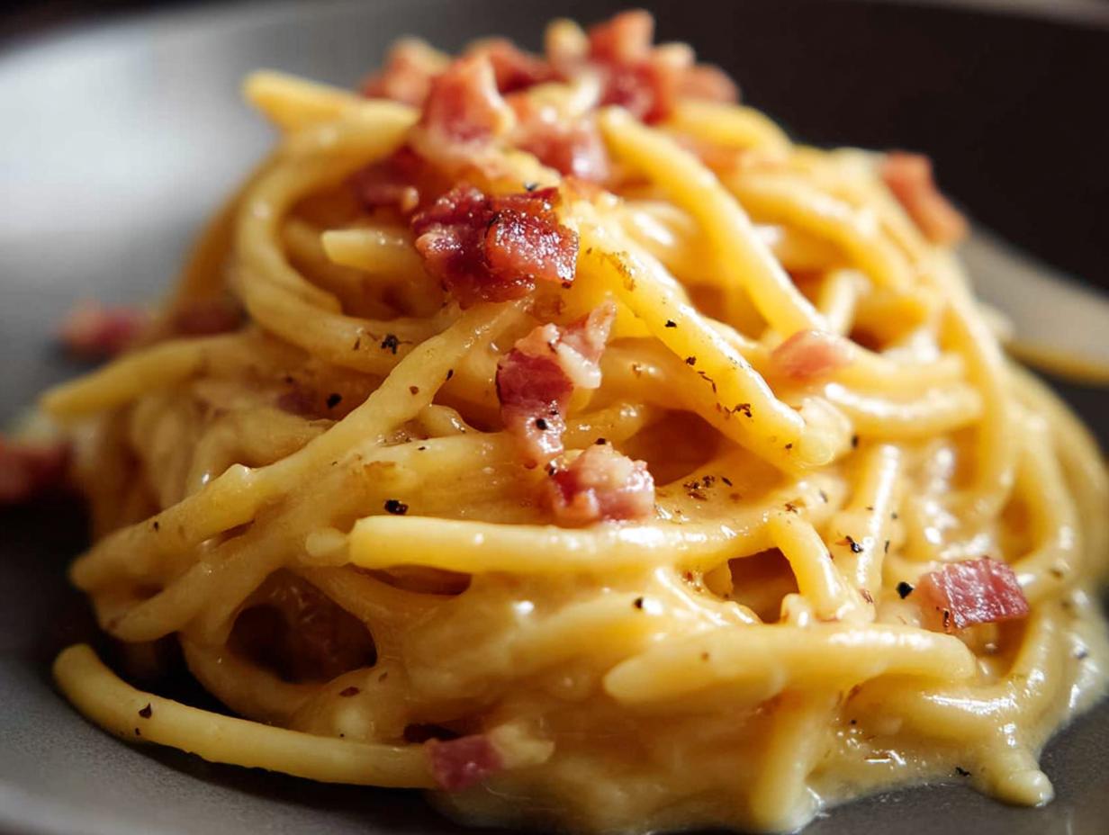 Close-up of creamy spaghetti carbonara with crispy bacon bits, a perfect example of best dinner ideas 2025.