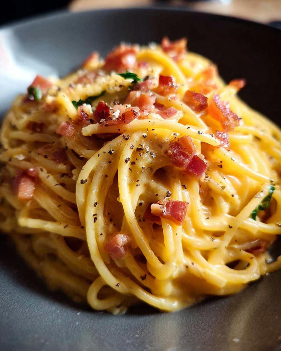 Close-up of a serving of spaghetti carbonara, featuring crispy pancetta and a creamy sauce, as one of the best dinner ideas for 2025.