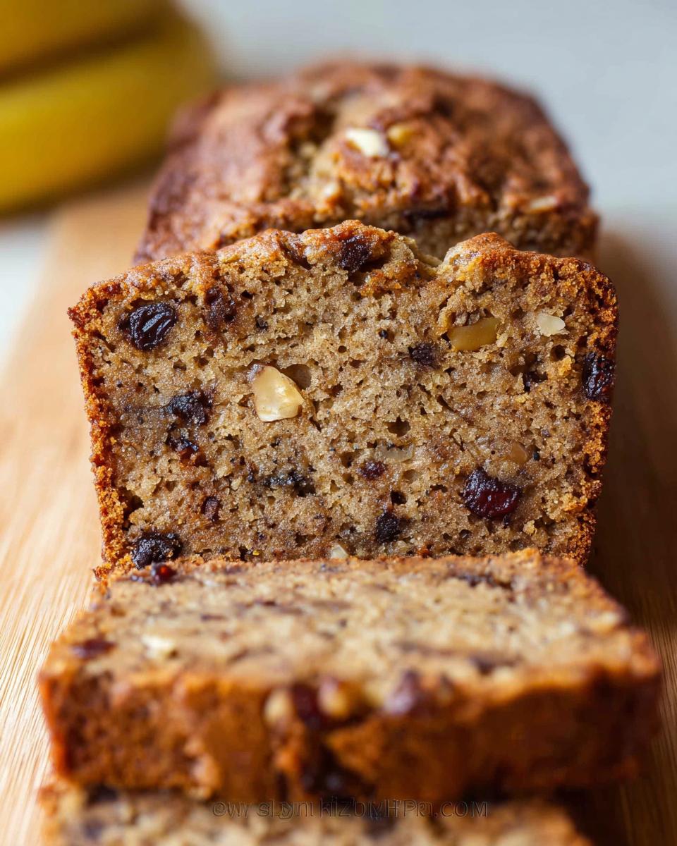 Close-up of a moist slice of Best Ever Banana Bread showing nuts and dried fruit texture.