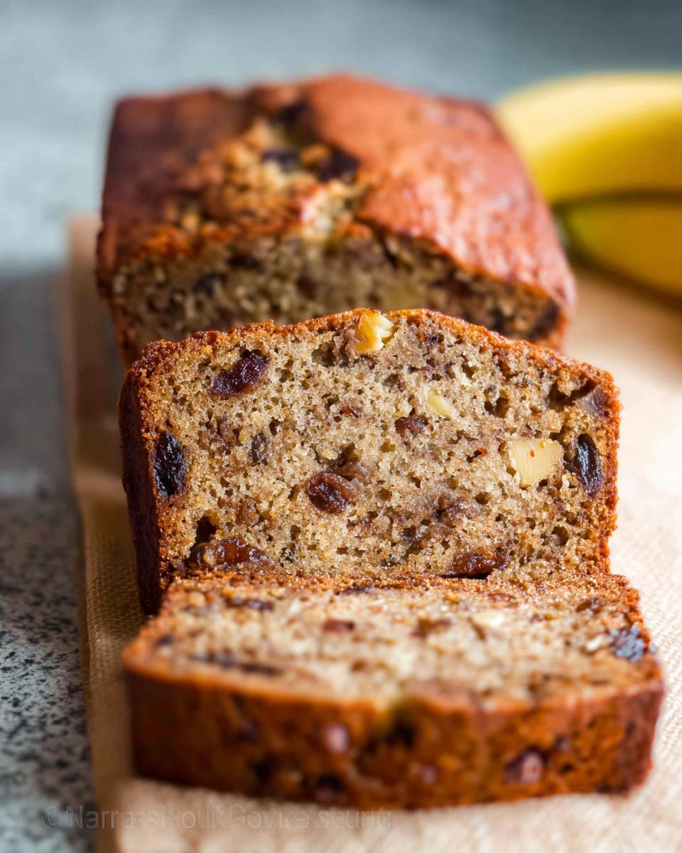 Close-up of moist slices of Best Ever Banana Bread showing raisins and nuts throughout the crumb.