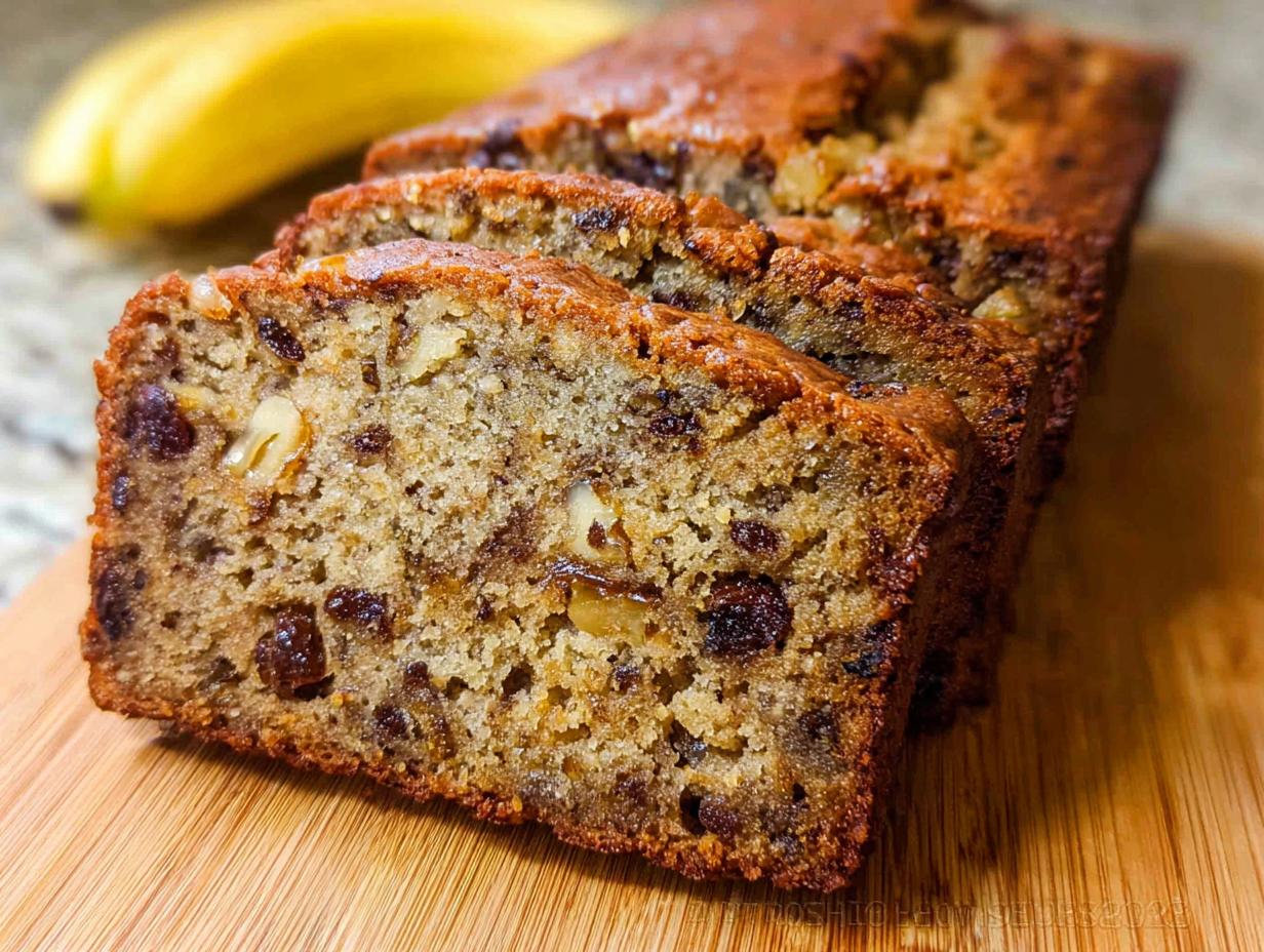 Close-up of moist slices of Best Ever Banana Bread featuring walnuts and raisins on a wooden board.