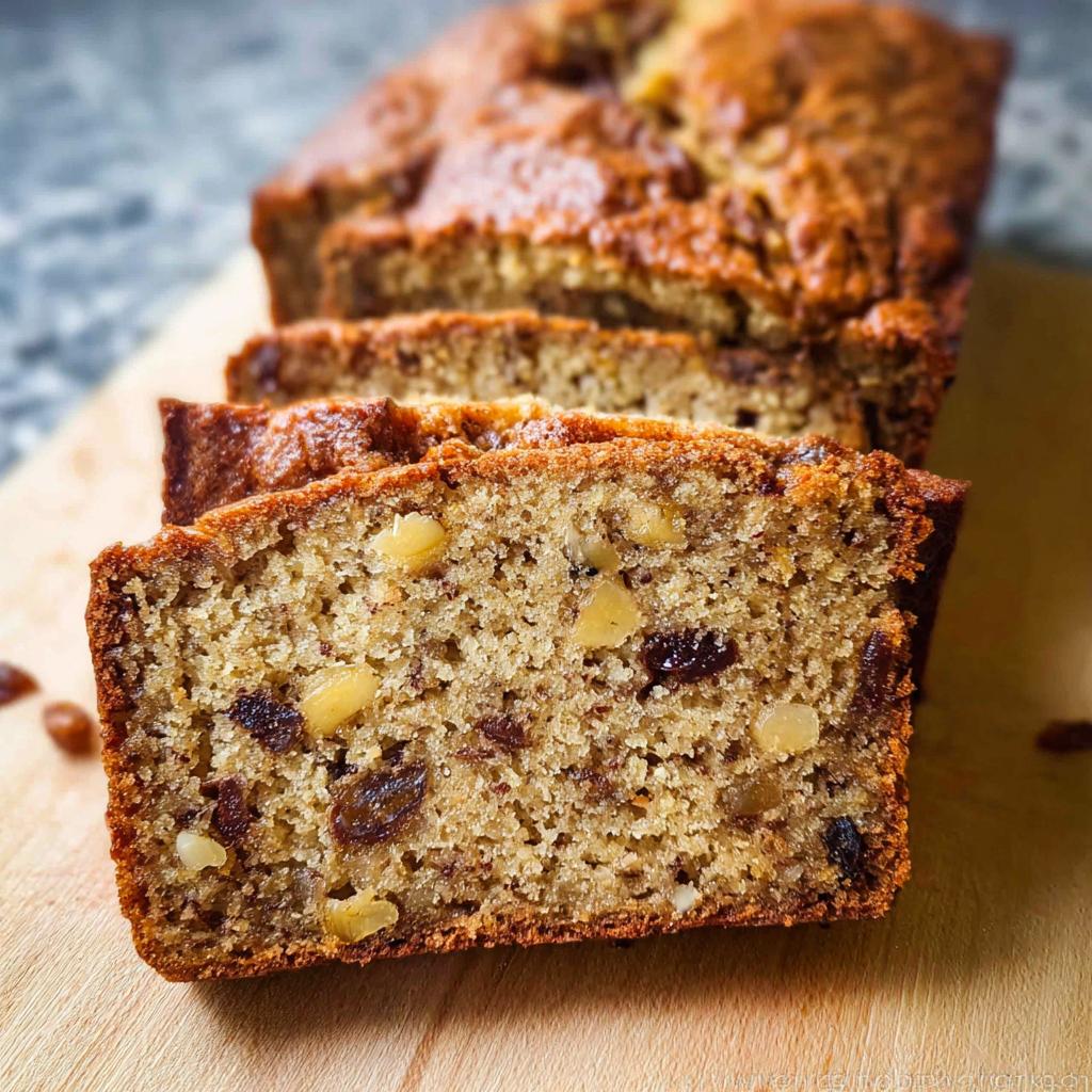 Close-up of moist slices of Best Ever Banana Bread, showing walnuts and raisins throughout the crumb.