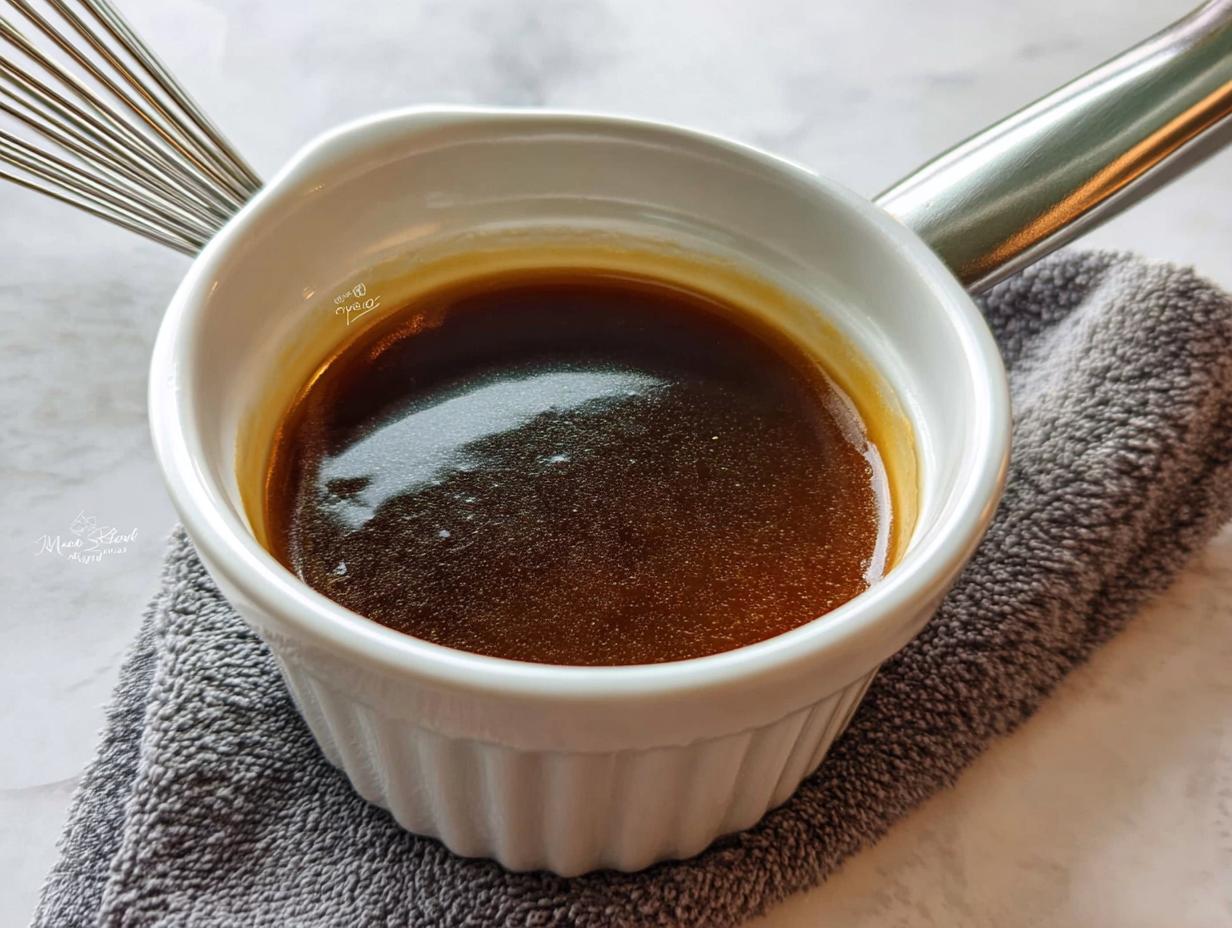 Close-up of rich, dark brown homemade Au Jus recipe in a white serving dish with a whisk nearby.