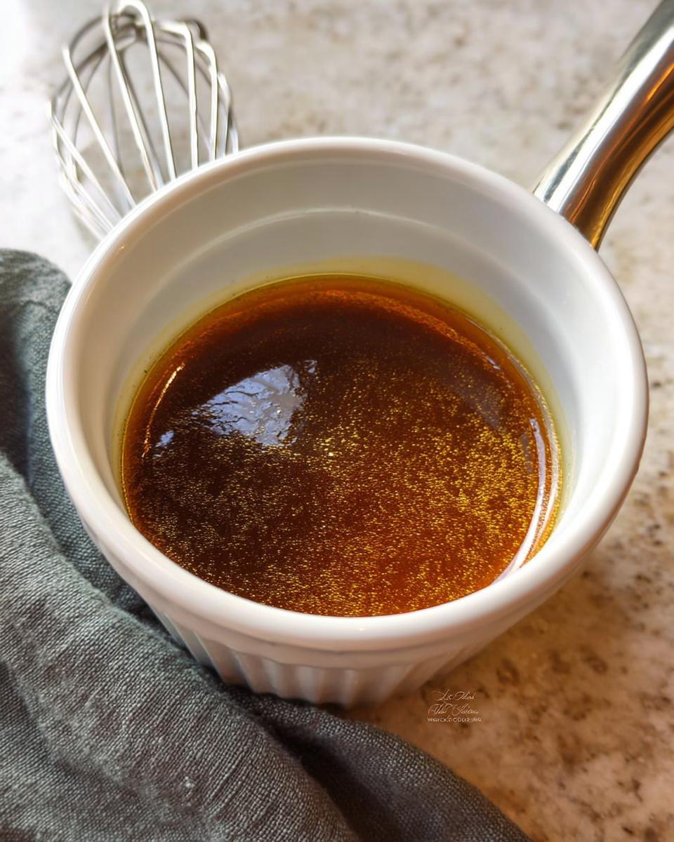 Close-up of rich, brown homemade au jus in a white ramekin next to a whisk.