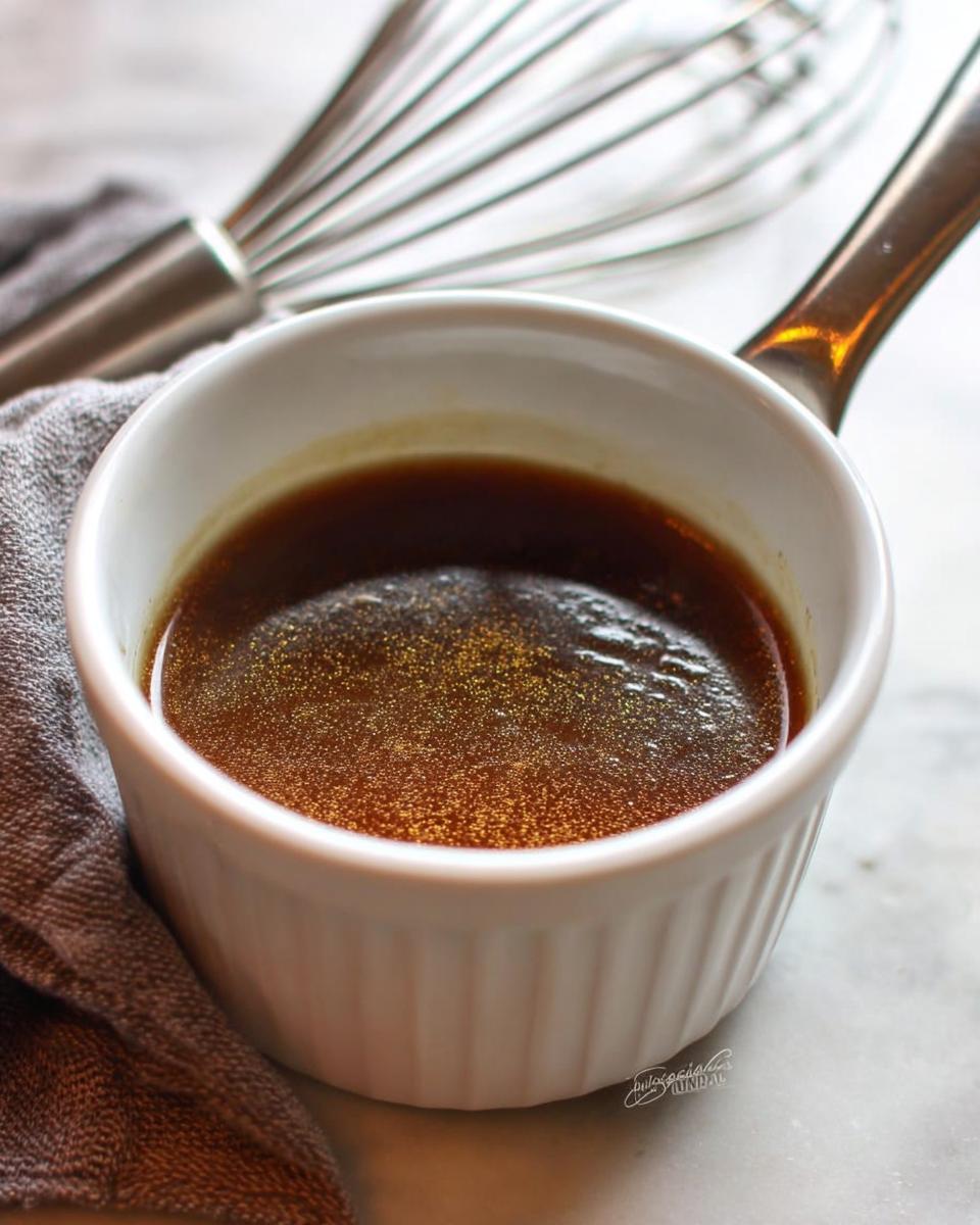 Rich, dark brown homemade Au Jus recipe liquid shimmering in a small white saucepan with a whisk nearby.