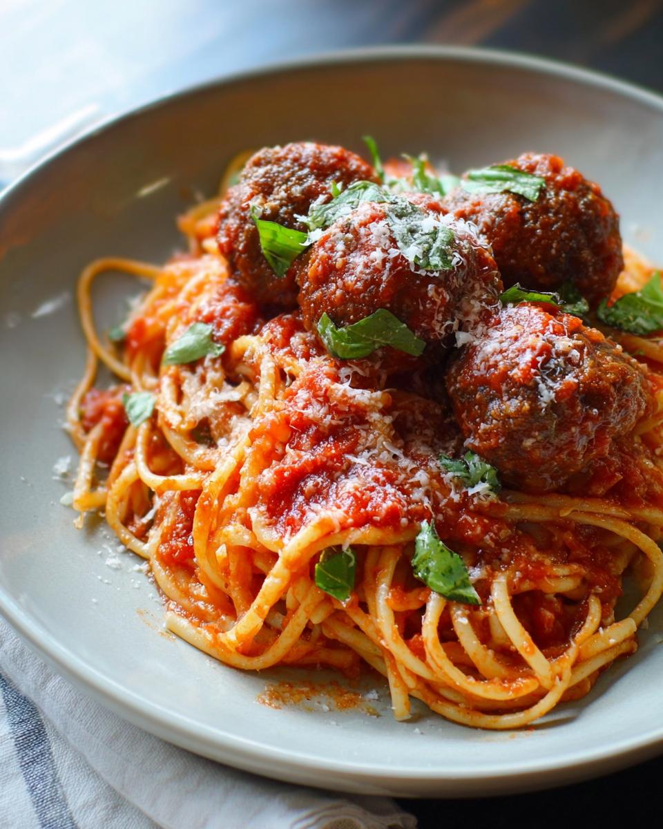 Close-up of a bowl of Italian Spaghetti and Meatballs topped with Parmesan cheese and fresh basil.
