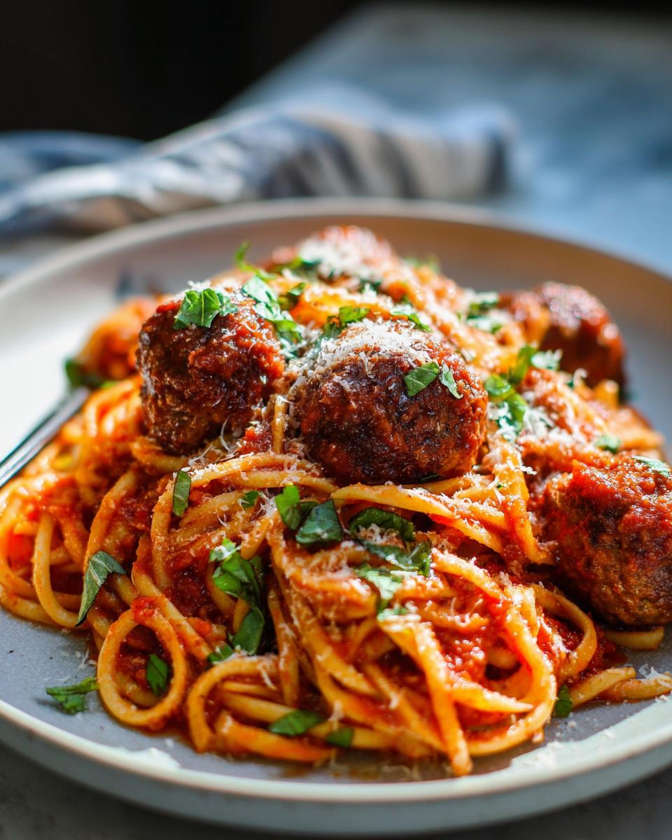 Close-up of a plate featuring The Best Italian Spaghetti and Meatballs covered in rich tomato sauce and Parmesan.