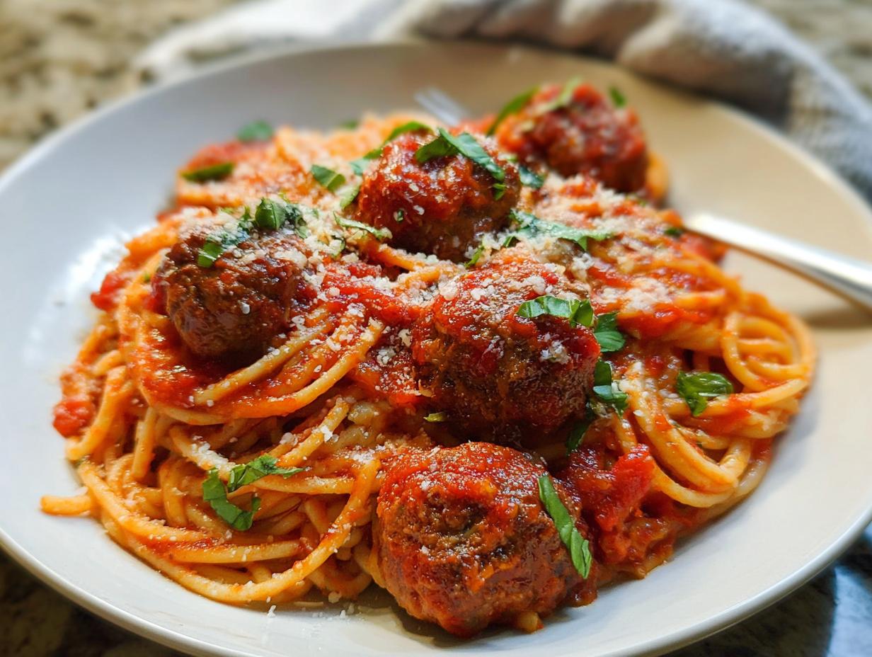 A close-up of a plate featuring The Best Italian Spaghetti and Meatballs, topped with sauce, Parmesan, and fresh basil.