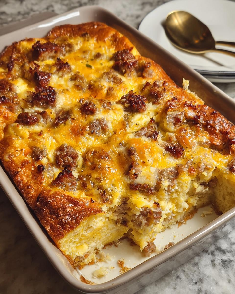A freshly baked Sausage Egg Breakfast Casserole with melted cheese and browned sausage chunks in a rectangular baking dish.