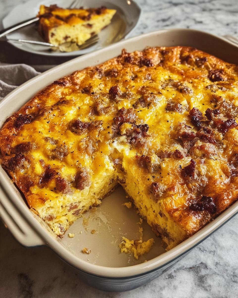 Close-up of the Best Sausage Egg Breakfast Casserole in a baking dish with a slice removed.