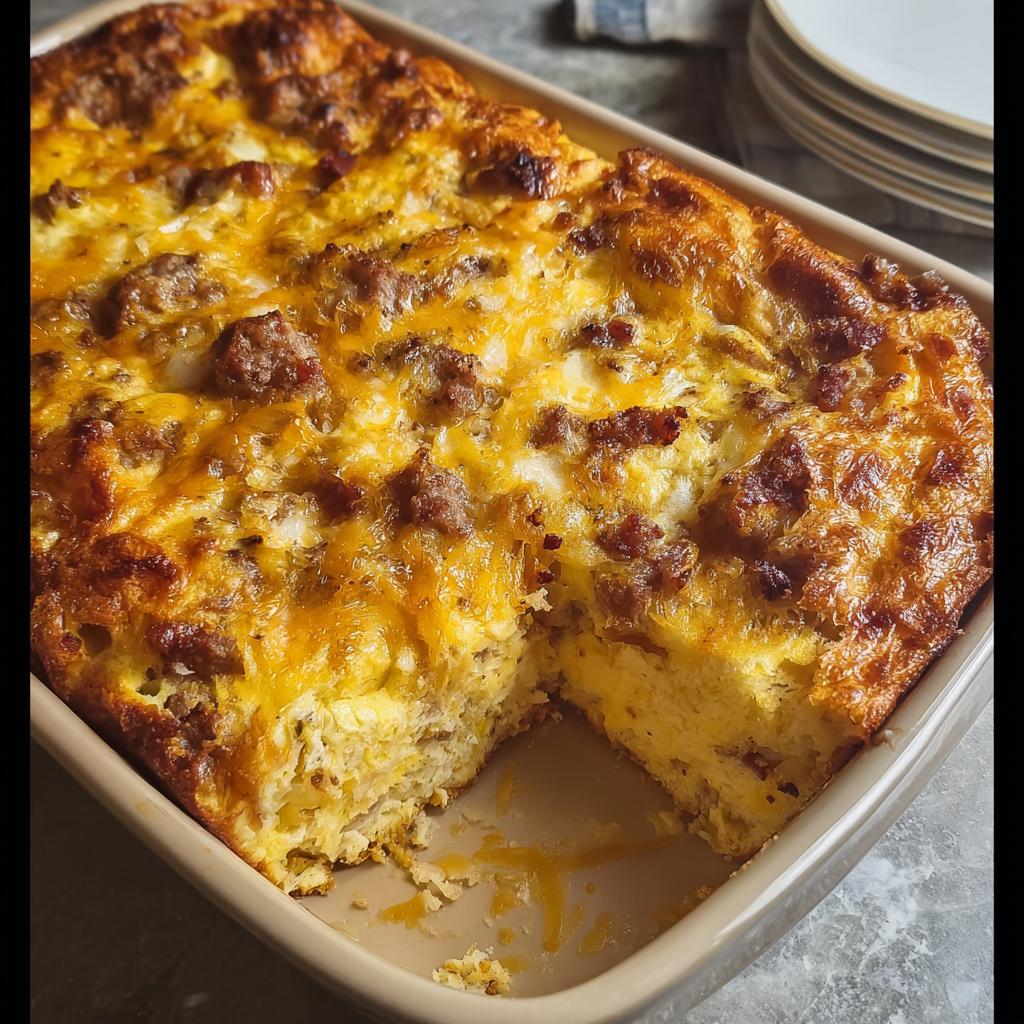A golden brown Best Sausage Egg Breakfast Casserole baked in a rectangular dish with one serving removed.