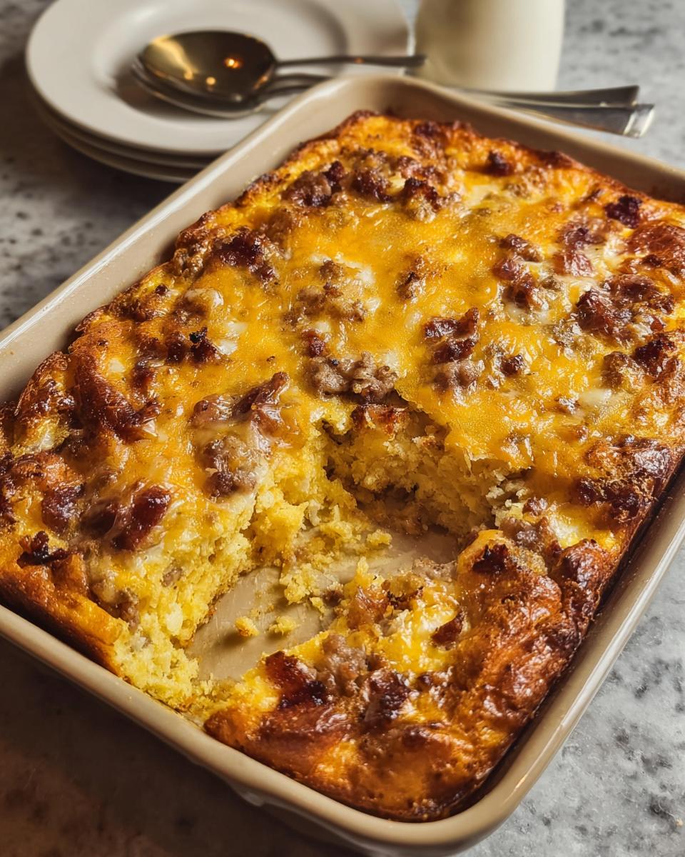 A golden-brown Best Sausage Egg Breakfast Casserole in a baking dish with a serving removed.