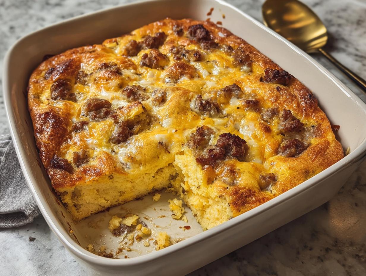 A freshly baked Best Sausage Egg Breakfast Casserole with browned sausage and melted cheese in a white baking dish.