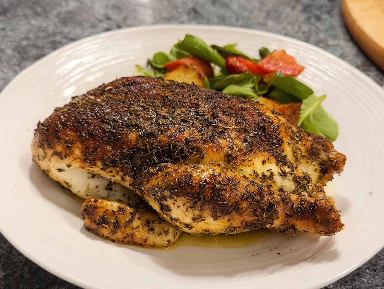 A perfectly seasoned and roasted half chicken, resembling Texas Roadhouse Chicken at Home, served with roasted potatoes and a side salad.