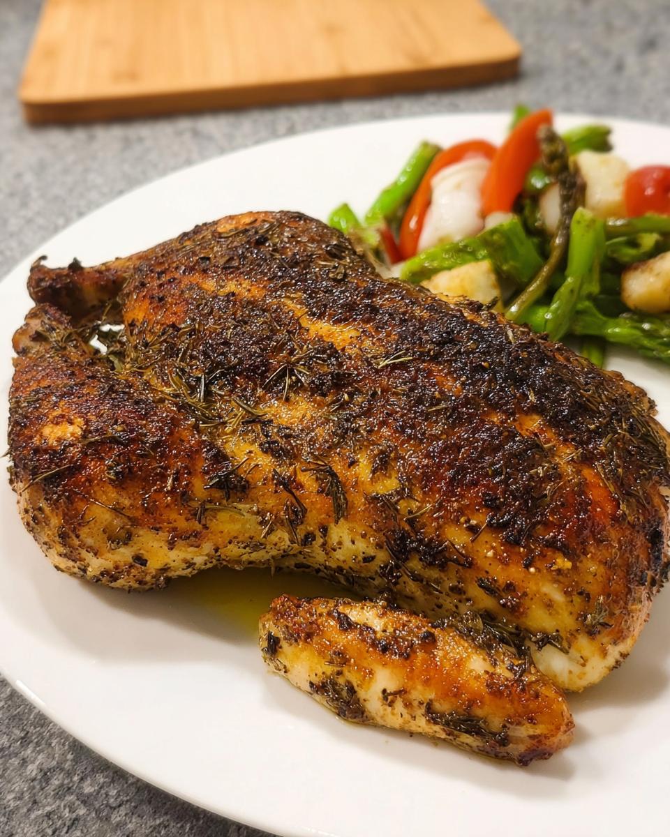 A perfectly seasoned half chicken, resembling Texas Roadhouse Chicken, served with roasted asparagus and potatoes.