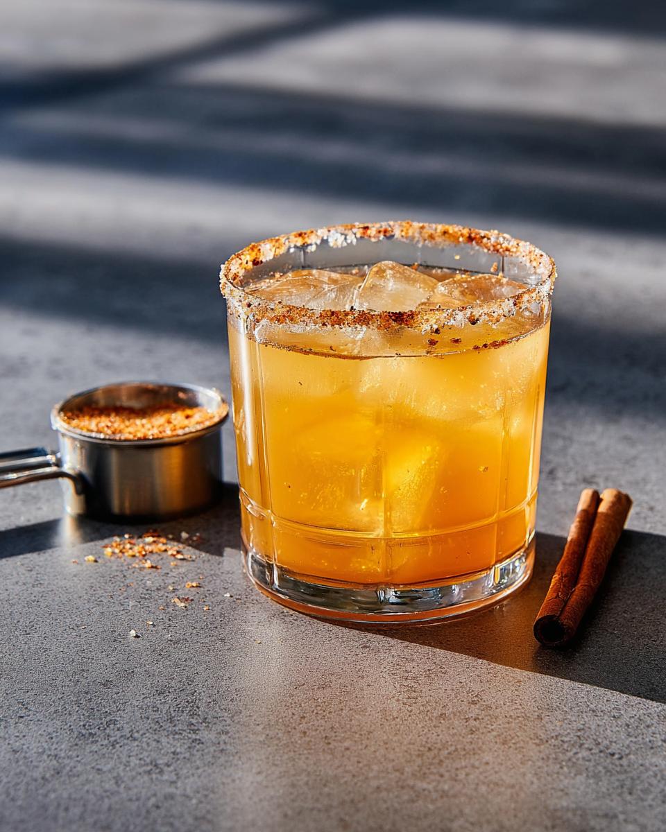 A festive spiced apple cocktail with a salted rim, ice, and cinnamon stick, perfect for Thanksgiving.