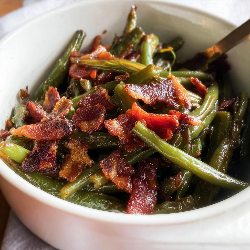 Close-up of Best Thanksgiving Green Beans 2025 topped with crispy bacon in a white bowl.