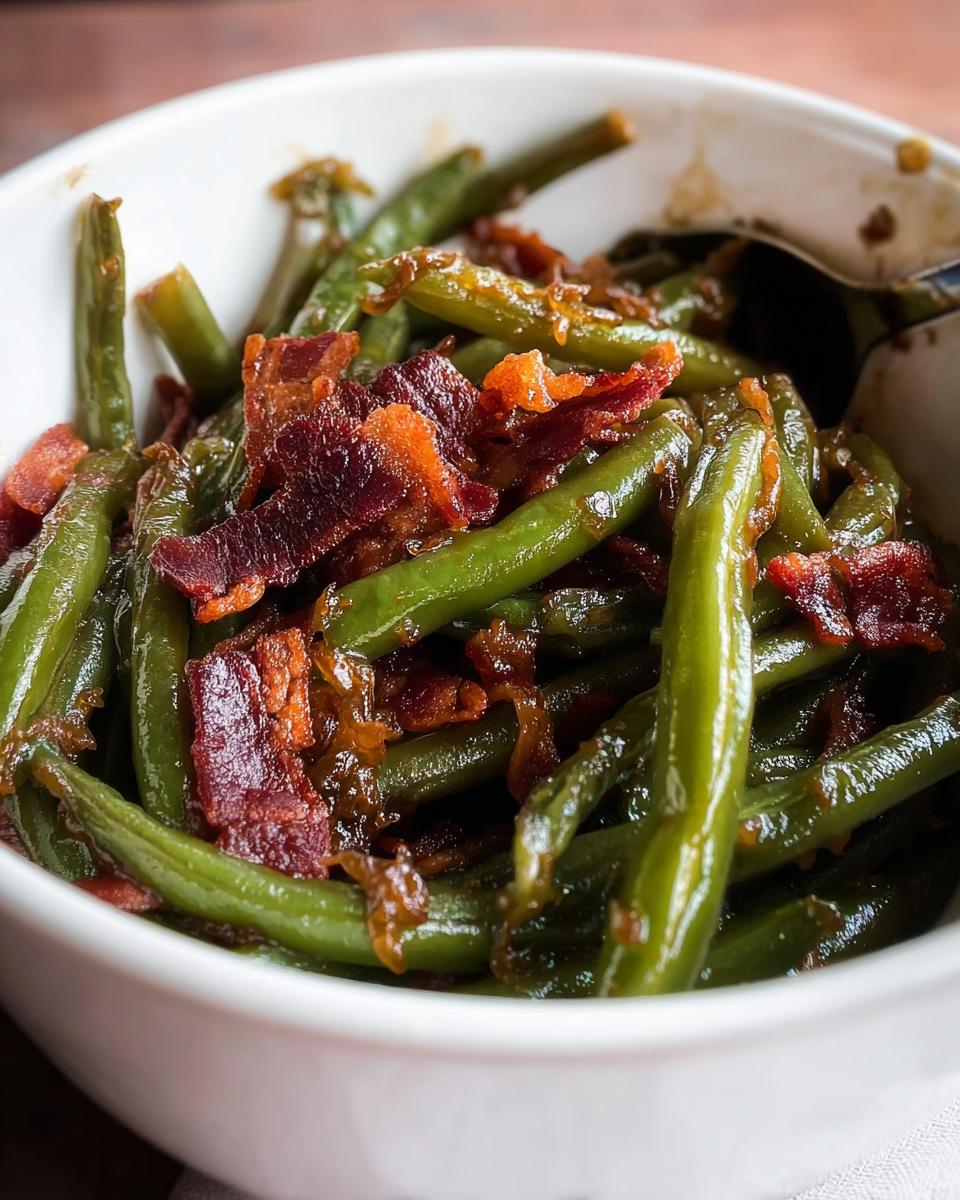 Close-up of Best Thanksgiving Green Beans 2025, tossed with crispy bacon and a savory glaze in a white bowl.