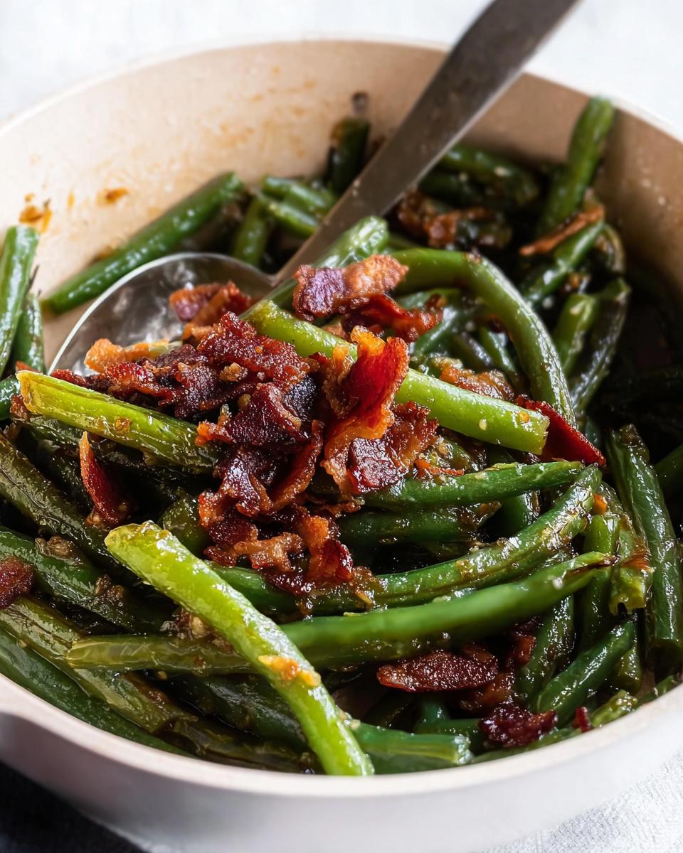 Close-up of Best Thanksgiving Green Beans 2025 topped with crispy bacon bits in a white bowl.