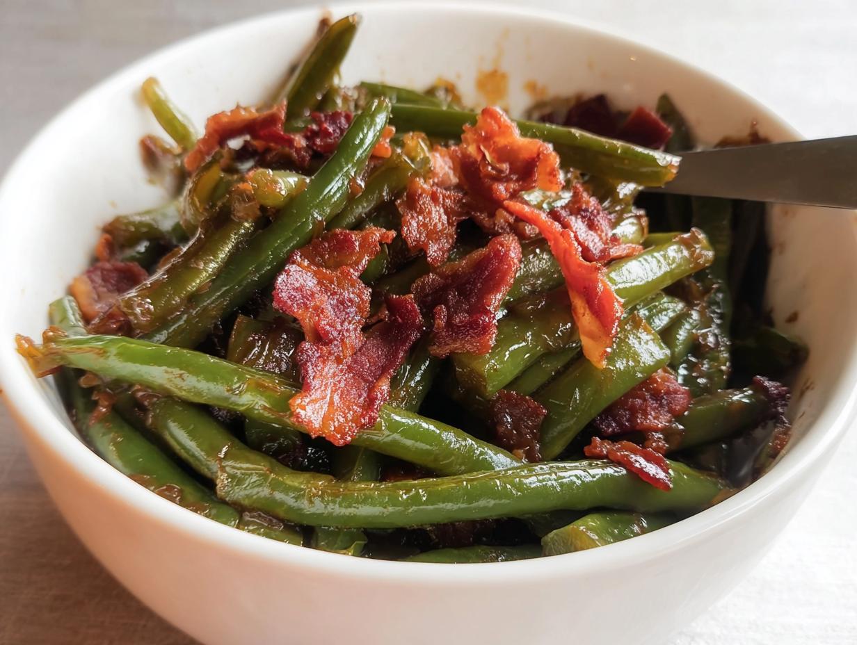 Close-up of Best Thanksgiving Green Beans 2025, glistening and topped with crispy bacon pieces in a white bowl.