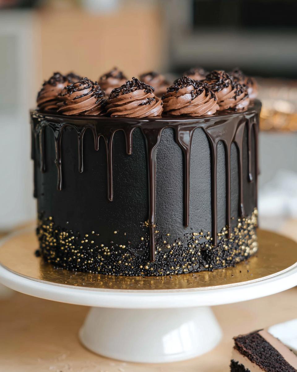 A dramatic Black and Gold Drip Cake featuring black frosting, dark chocolate ganache drips, and gold sprinkles.