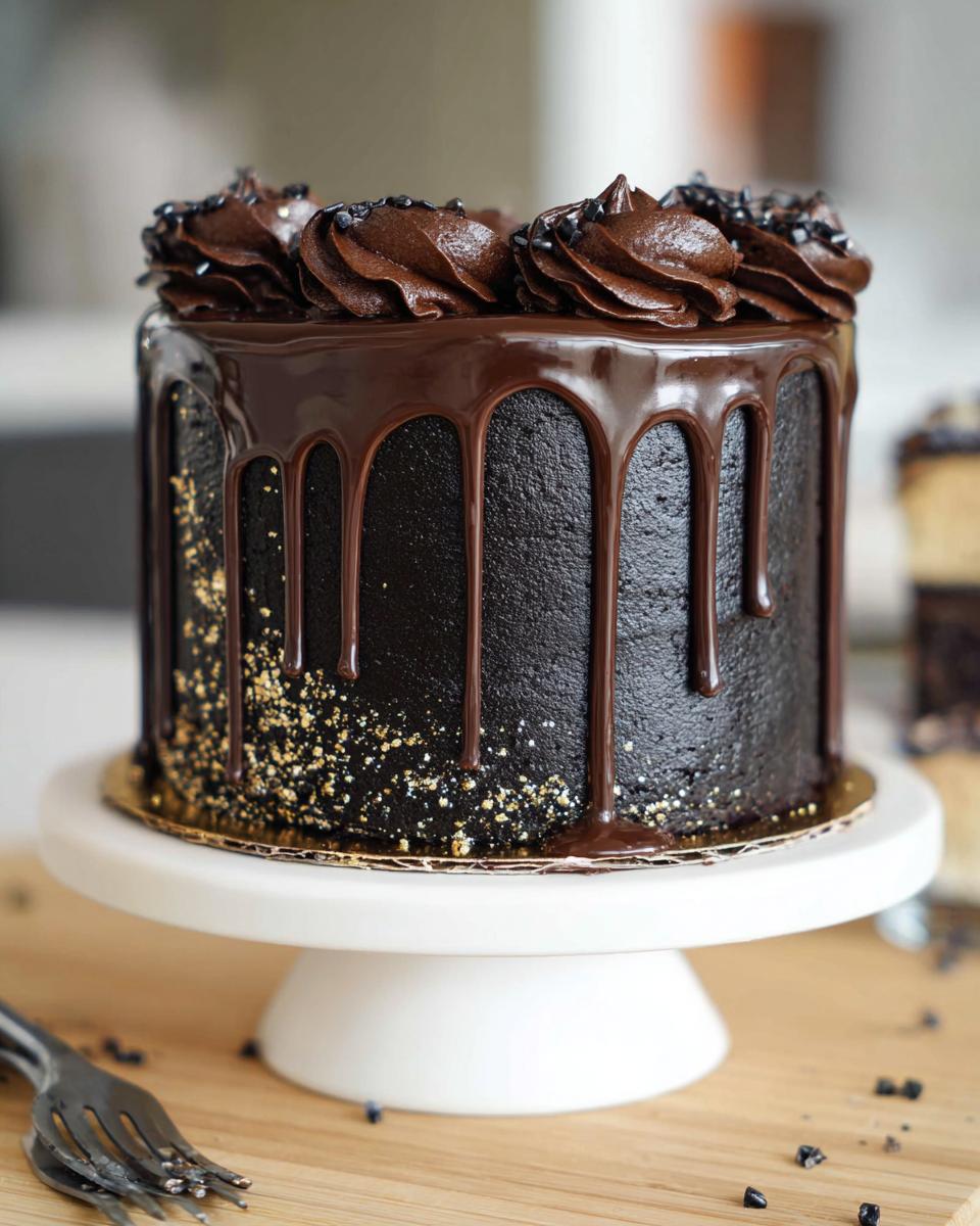 A tall, dark chocolate Black and Gold Drip Cake with rich ganache drips and gold sprinkles on a white pedestal stand.
