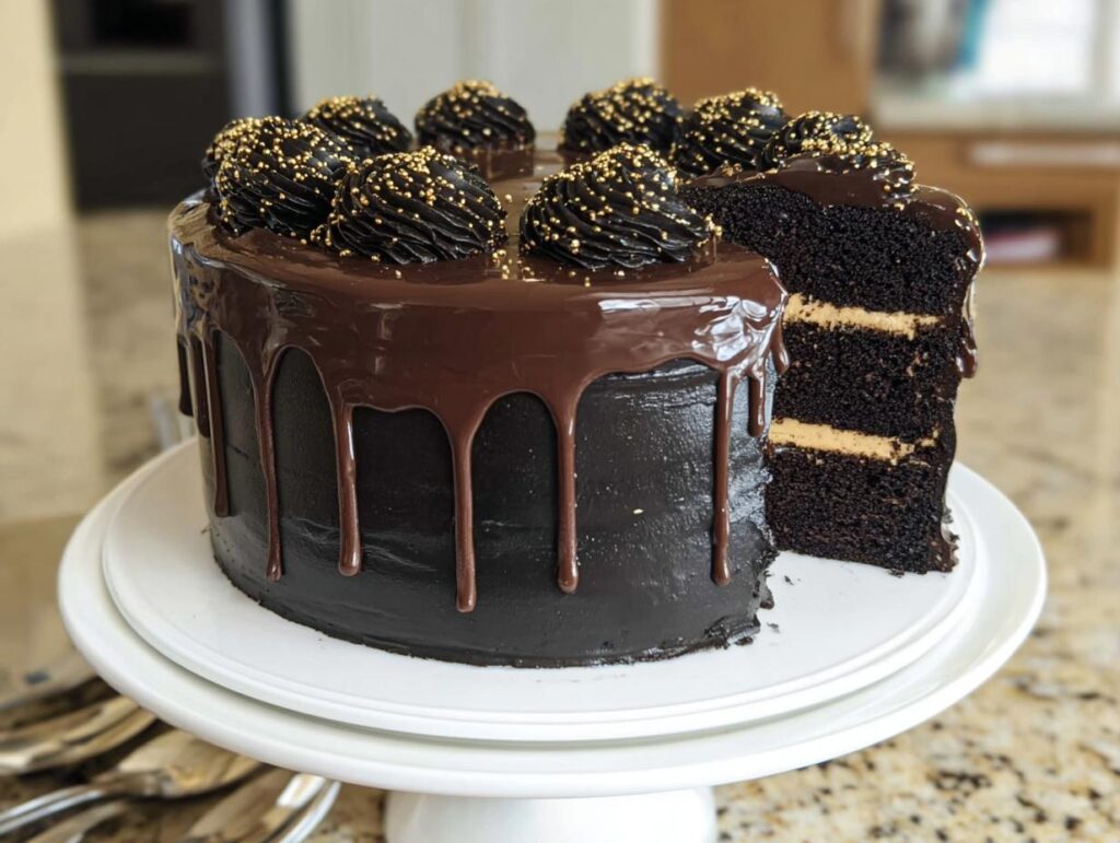 A stunning Black and Gold Drip Cake with a slice cut out showing rich dark chocolate layers and peanut butter filling.