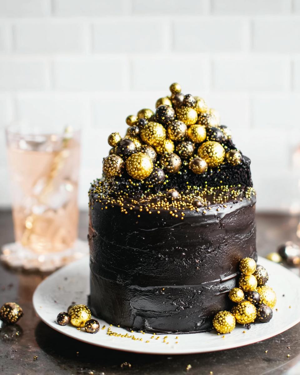 A decadent black chocolate cake decorated with gold and black edible spheres, perfect for New Year’s Eve Cakes.