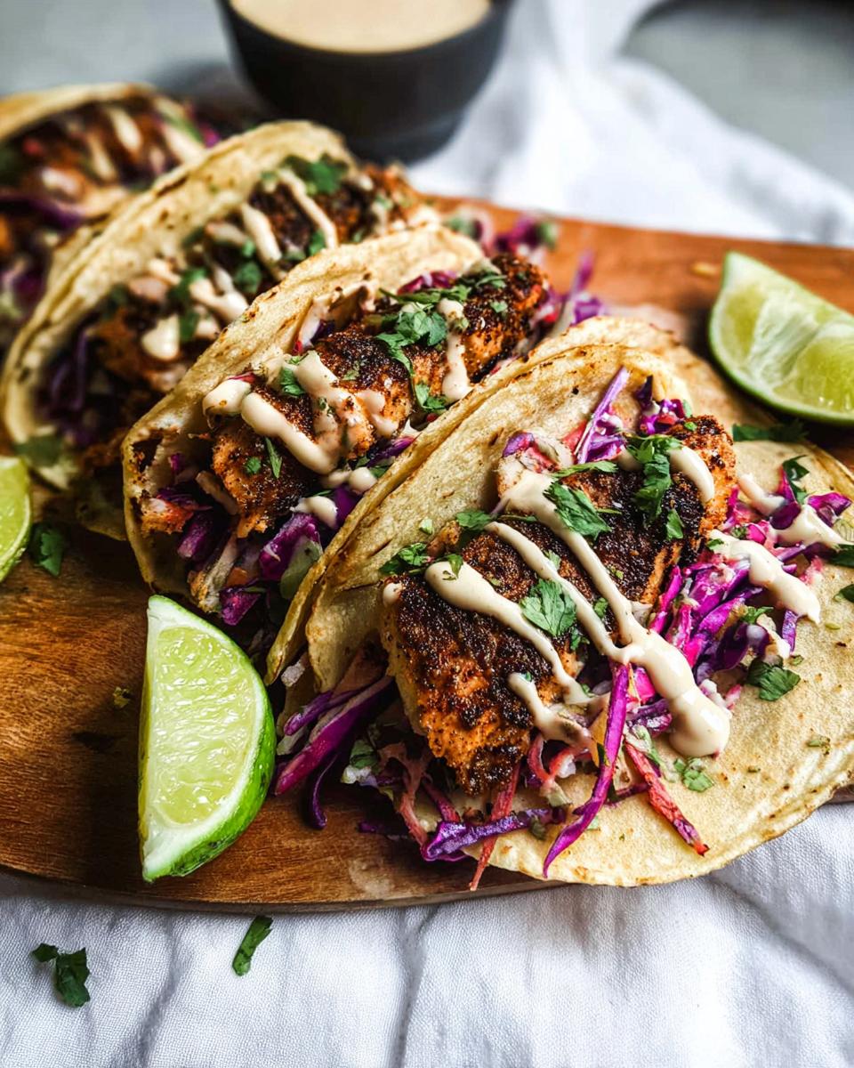 Close-up of several delicious Blackened Salmon Tacos filled with red cabbage slaw and drizzled with sauce.