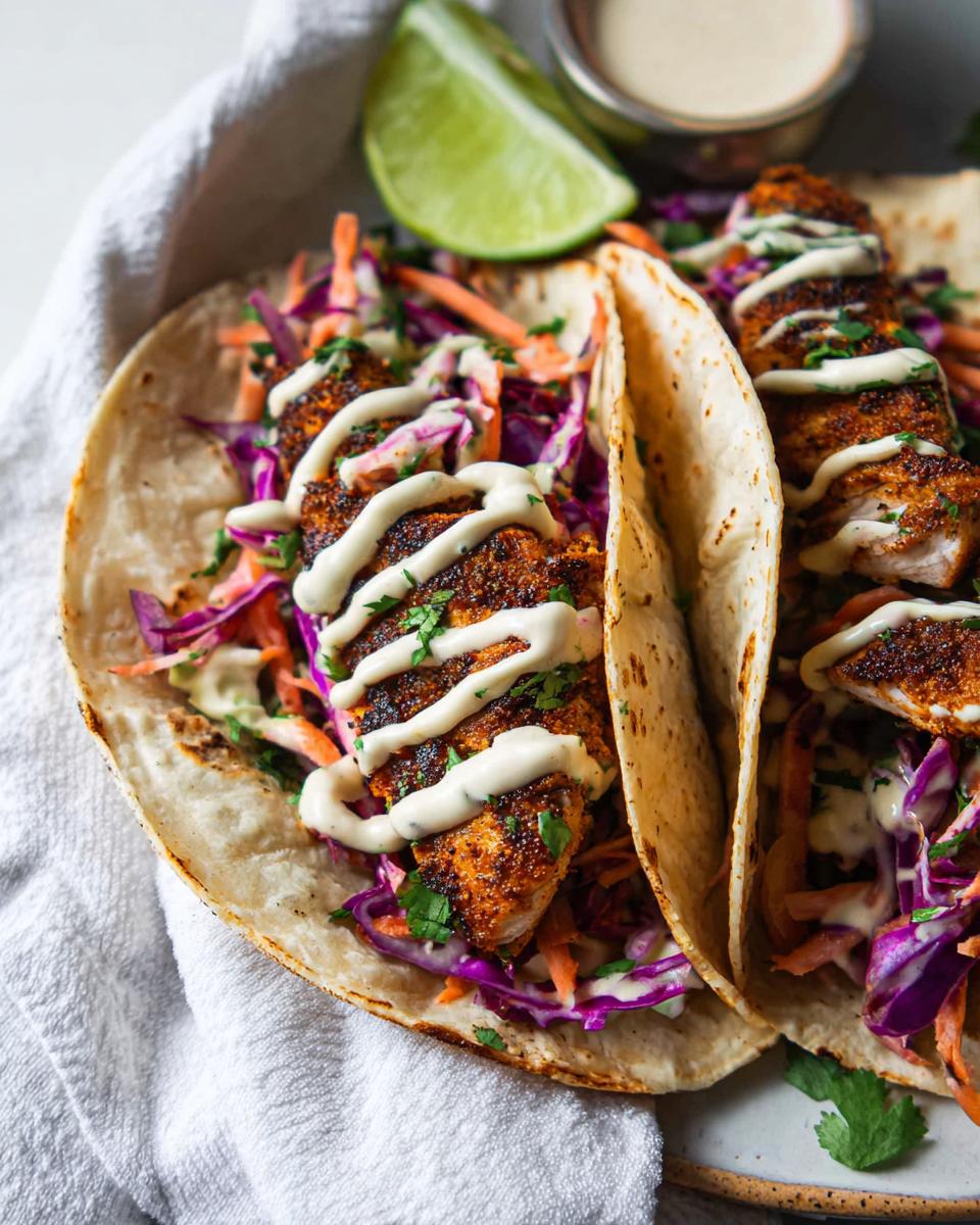 Two delicious Blackened Salmon Tacos filled with colorful slaw and drizzled with creamy white sauce.