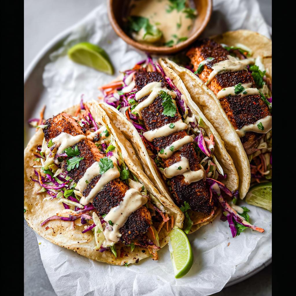 Three fully loaded Blackened Salmon Tacos topped with creamy sauce and served with lime wedges.