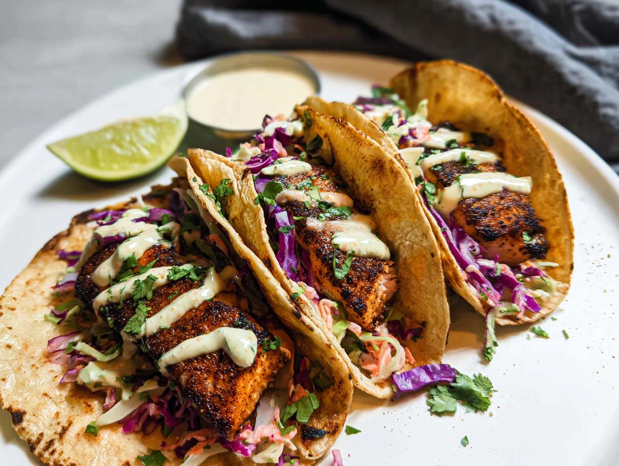 Close-up of three delicious Blackened Salmon Tacos filled with slaw and drizzled with sauce, served with a lime wedge.