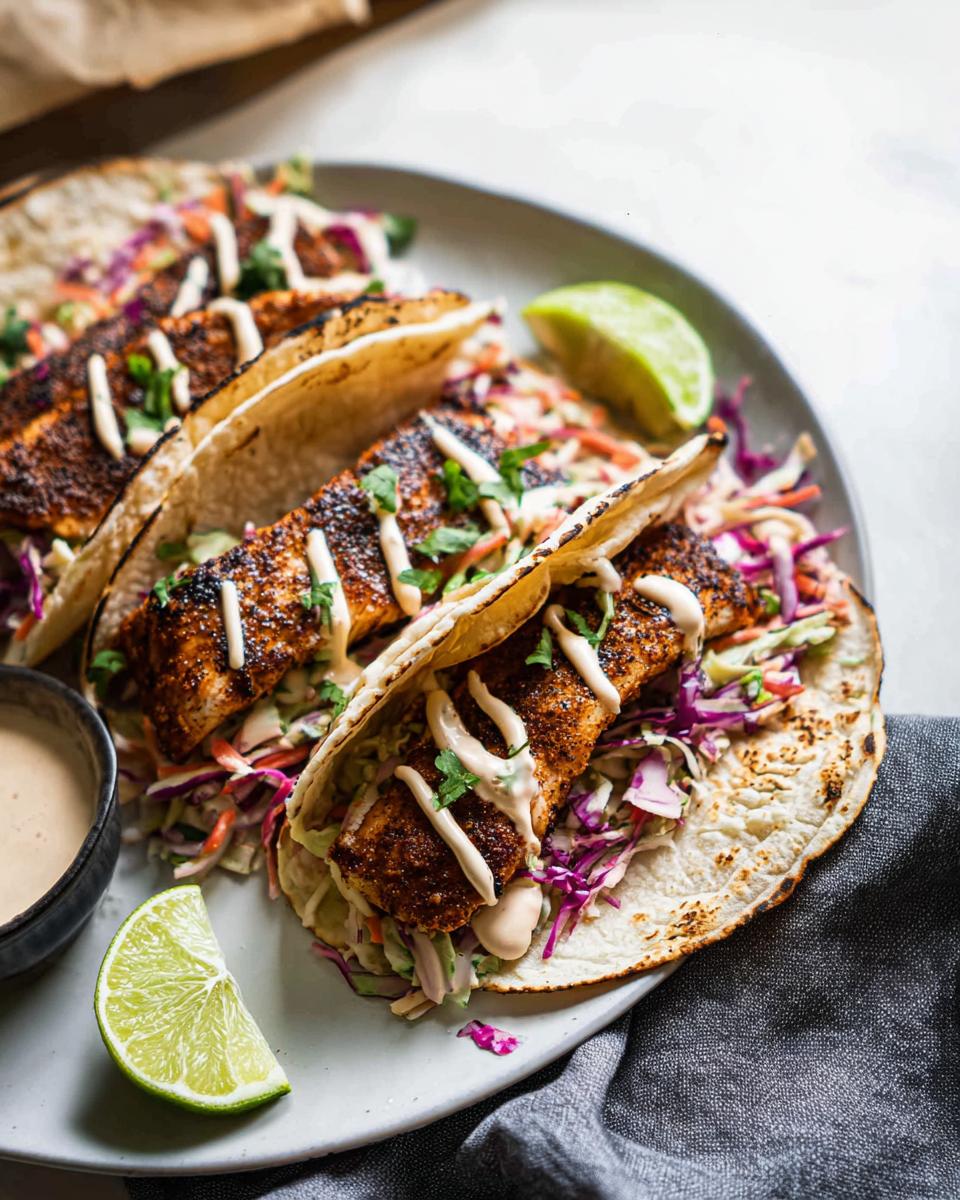 Three delicious Blackened Salmon Tacos filled with spicy fish, colorful slaw, and drizzled with sauce, served with lime wedges.