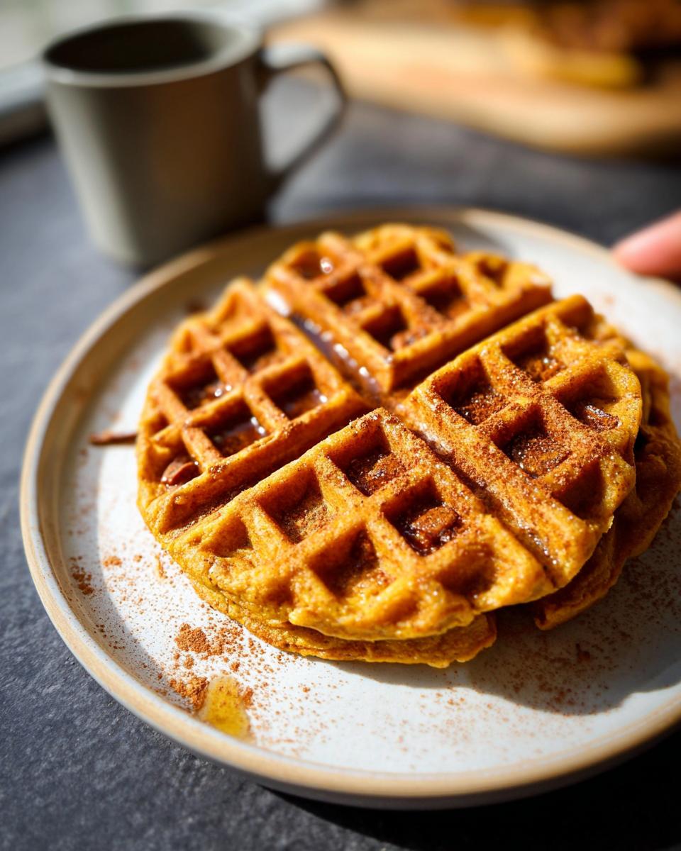 Close-up of stacked Blender Pumpkin Waffles dusted with cinnamon and drizzled with syrup.