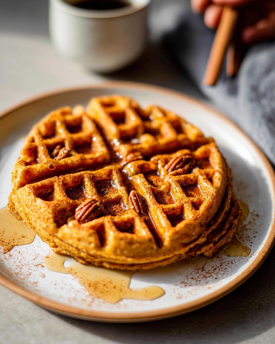 A close-up of delicious Blender Pumpkin Waffles topped with pecans and drizzled with syrup, dusted with cinnamon.