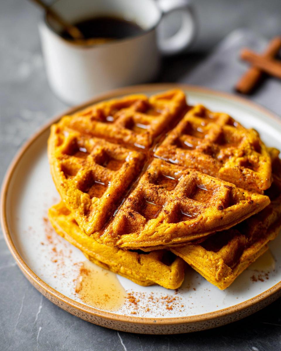 A stack of four golden-brown Blender Pumpkin Waffles drizzled with syrup and dusted with cinnamon.
