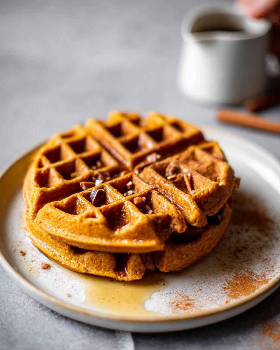 A stack of golden-brown Blender Pumpkin Waffles drizzled with syrup and topped with chopped nuts.