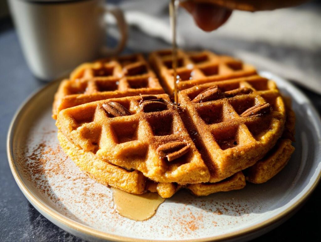 A stack of golden-brown Blender Pumpkin Waffles topped with pecans and drizzled with syrup.