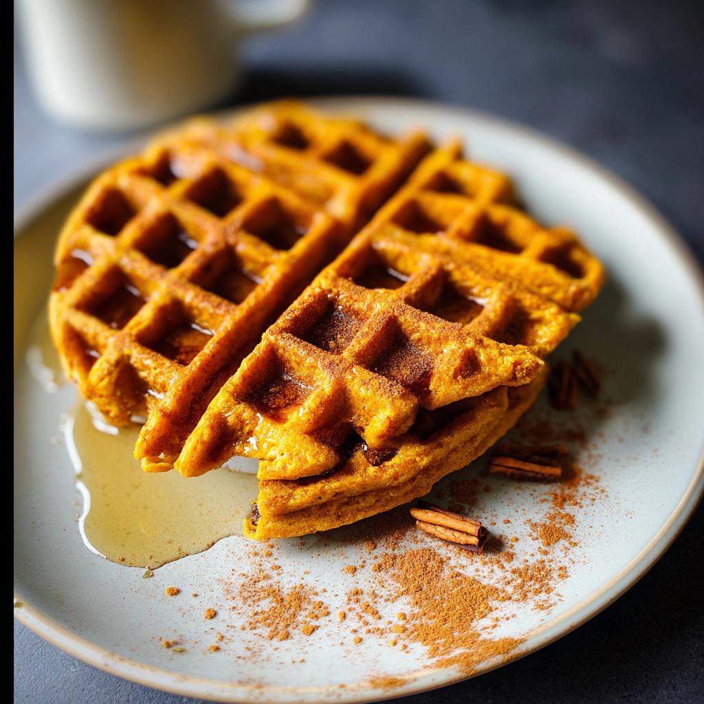 A stack of golden-brown Blender Pumpkin Waffles drizzled with syrup and sprinkled with cinnamon.