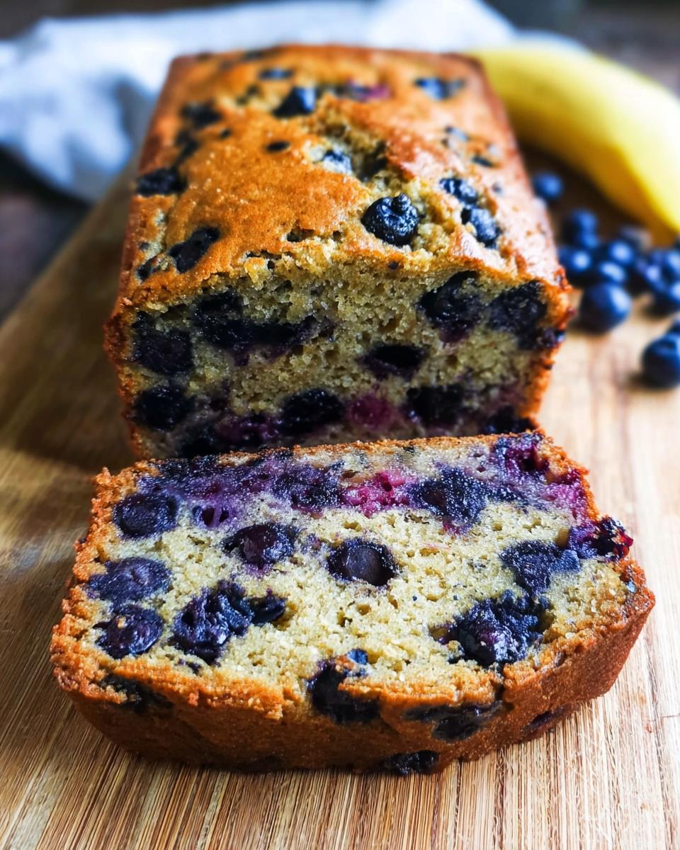 Close-up of a loaf of moist Blueberry Banana Bread, with one thick slice cut and resting in front.