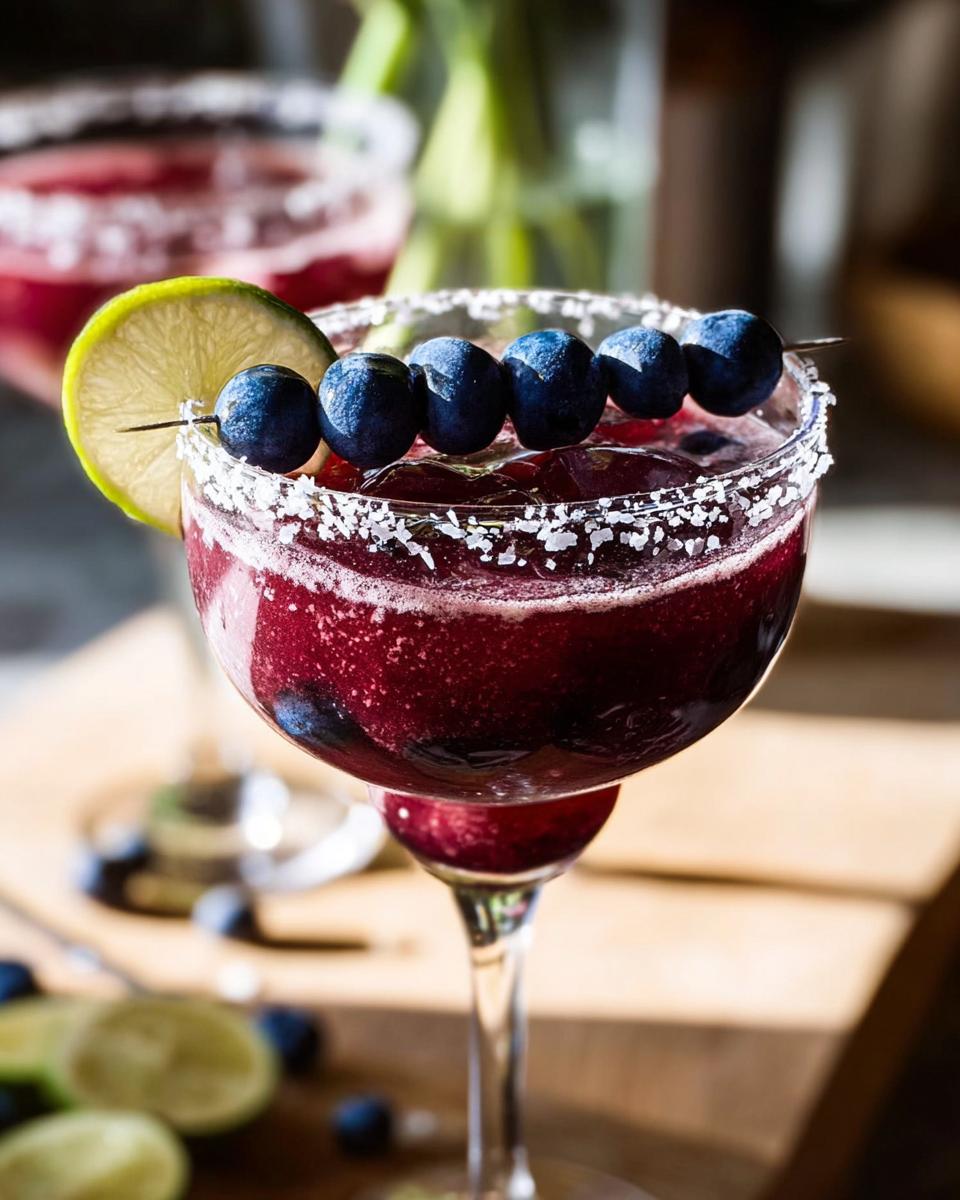 Close-up of a frosty blueberry margarita with a lime wedge and skewer of blueberries, perfect for Thanksgiving drinks.