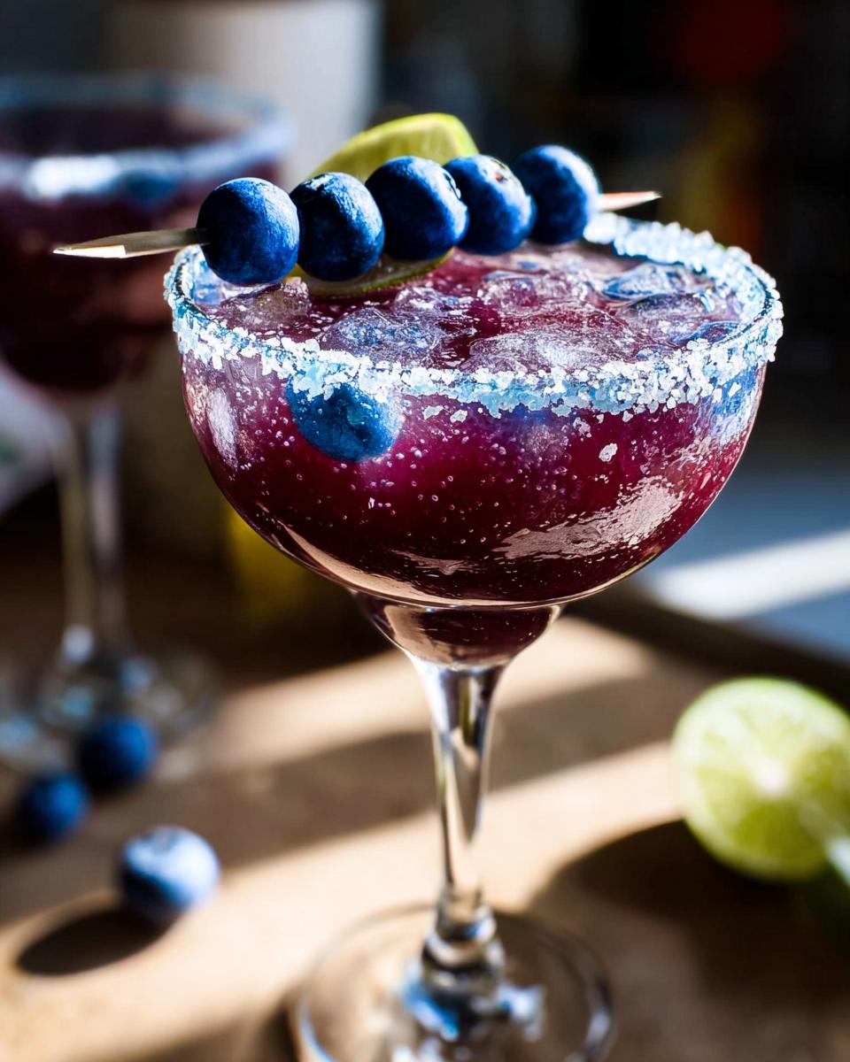 A festive blueberry margarita garnished with blueberries and lime, perfect for Thanksgiving drinks.