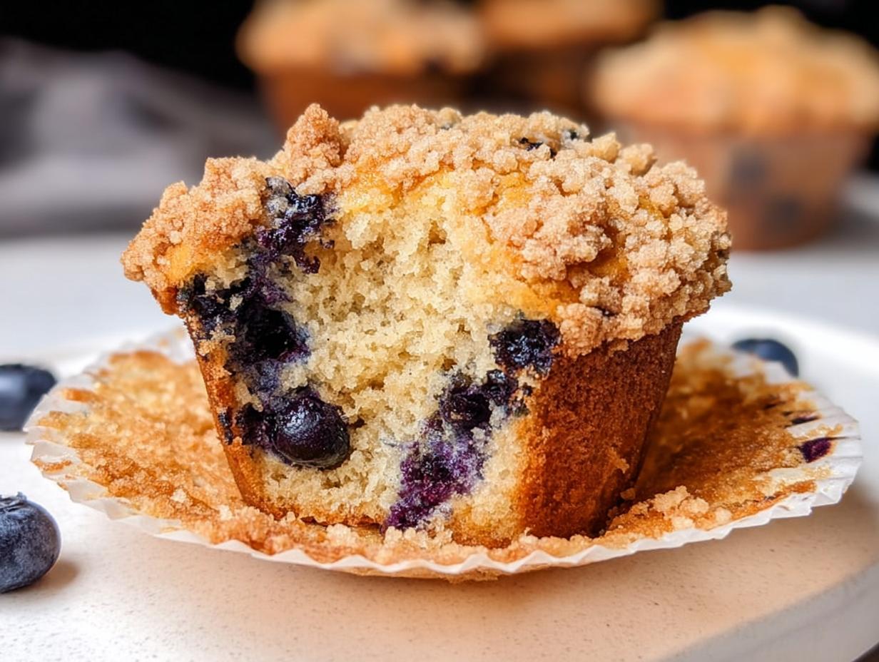 Close-up of a moist Blueberry Muffins Like a Bakery (Comfort) with a thick, golden crumb topping, showing juicy blueberries inside.