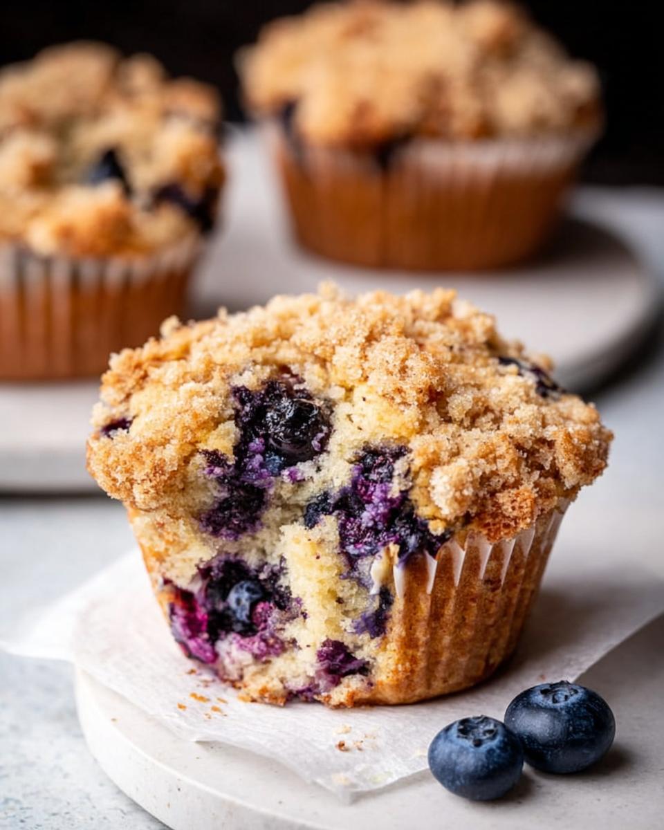 Close-up of a moist Blueberry Muffins Like a Bakery, showing purple blueberries and a golden crumb topping.