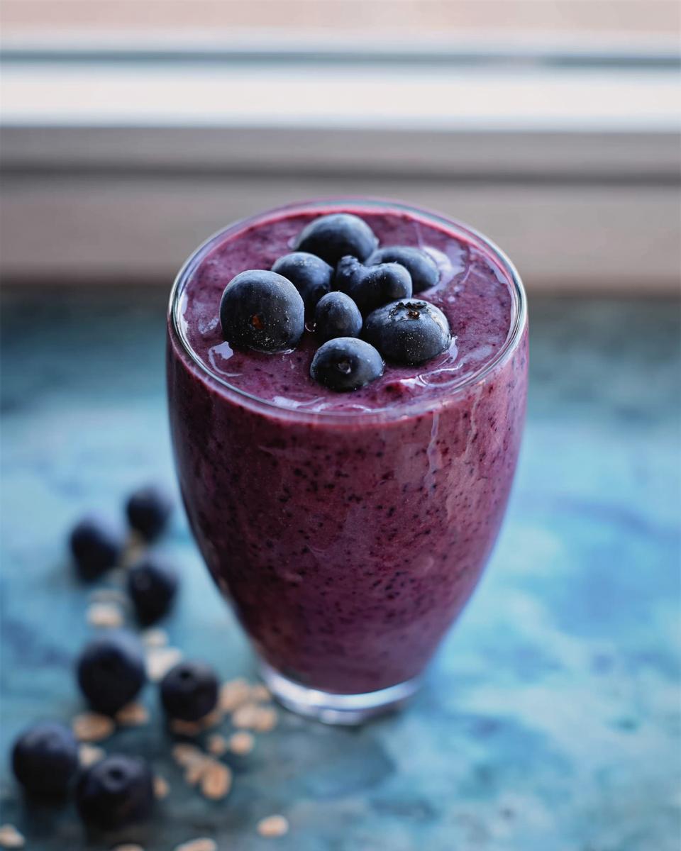 A tall glass filled with a thick, purple Blueberry Oat Breakfast Smoothie, topped with fresh blueberries.