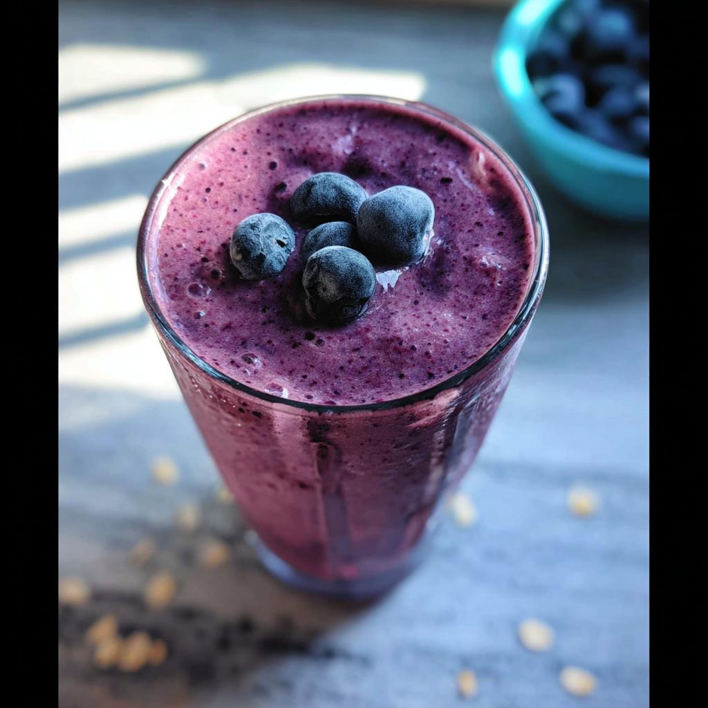 Close-up of a thick, purple Blueberry Oat Breakfast Smoothie topped with frozen blueberries.